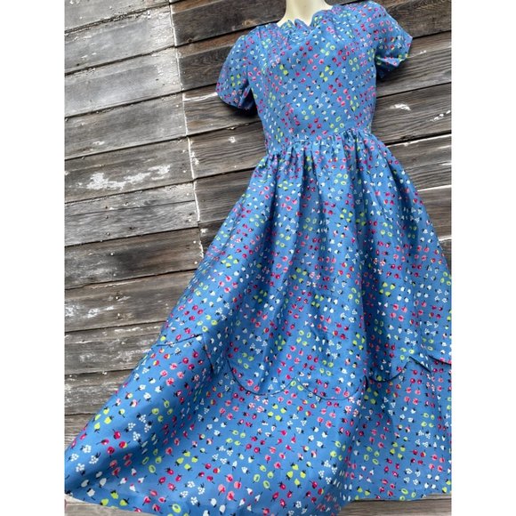 Vintage 1930s Novelty Print Cherries Fruit Blue Dress - Picture 3 of 12